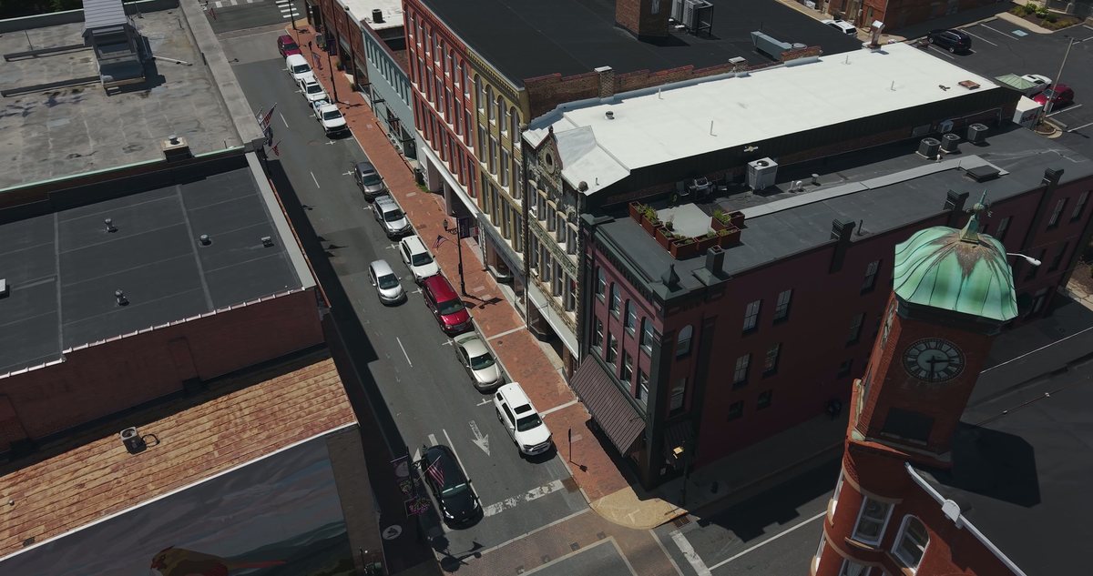 Aerial view of the 103 W Beverley Street block in downtown Staunton